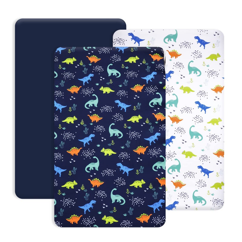 PHF 3 Pack Soft Mini Crib Sheets, Dinosaur Pack N Play Sheets for Baby Boys Girls, No Slip Universal Fit for Pack N Play, Playard, Portable and Mini Crib Mattresses,Navy Dinosaur - Image 1